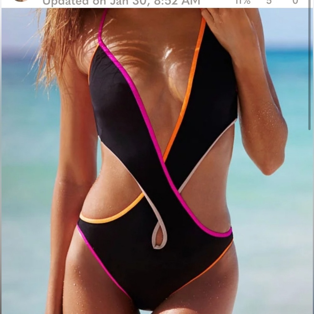 Victoria's Secret NEW Monokini Black One-Piece Pink Orange Contrast Trim Sz S